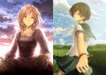  brown_eyes brown_hair hands katou_taira original pink_hair school_uniform serafuku short_hair sky wheat 