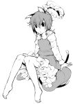  barefoot bow cat_ears chen claws color earrings feet frills hat hat_removed headwear_removed jewelry monochrome multiple_tails pageratta simple_background sitting solo tail touhou 