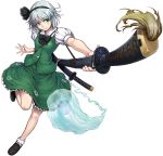  bowtie foreshortening ghost green_eyes hairband hands highres katana konpaku_youmu konpaku_youmu_(ghost) myon outstretched_arm pirano short_hair silver_hair solo standing_on_one_leg sword touhou transparent_background weapon 