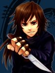  bow brown_hair canaan character_request empty_eyes fingerless_gloves foreshortening gloves hair_bow knife long_hair long_sleeves red_eyes rex_k smirk 