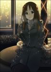  brown_eyes brown_hair cellphone coat glasses hand_in_pocket k-on! mizuki_makoto phone sitting solo winter_clothes yamanaka_sawako 