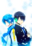  back-to-back back_to_back bad_id black_hair blue_hair closed_eyes formal glasses headset hiyama_kiyoteru kaito male multiple_boys necktie scarf smile snow snowflakes suit utility_pole vocaloid 