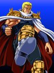  blonde_hair cape gold_armor highres hokuto_no_ken knee_pads male manly muscle pauldrons shoulder_pads souther spikes wristband 