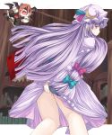  bad_id hat highres kneepits koakuma long_hair looking_back patchouli_knowledge purple_hair ribbon touhou wings 