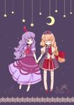  alternate_hair_color blonde_hair bow braid closed_eyes crescent_moon dress hair_bow hair_ribbon hand_holding happy hat holding_hands kamishirasawa_keine long_hair moon multiple_girls no_nose purple_eyes purple_hair ribbon s.advent short_sleeves smile star thigh-highs thighhighs touhou violet_eyes white_legwear white_thighhighs yagokoro_eirin 