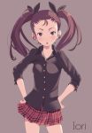  brown_eyes brown_hair casual hands_on_hips idolmaster jewelry minase_iori necklace plaid skirt solo twintails yuuhi 