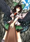  arm_cannon black_wings bow breasts brown_hair frills from_below hair_bow hands large_wings long_hair red_eyes reiuji_utsuho shigurio solo stone_wall touhou wall weapon wings 