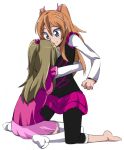  2girls blue_eyes casual couple green_hair haiteku half_updo houjou_hibiki hug kneeling long_hair minamino_kanade multiple_girls orange_hair precure simple_background sitting smile suite_precure two_side_up wariza white_background yuri 