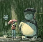  1boy bus_stop ghibli hat lowres parody pikachu pokemon pokemon_(creature) pokemon_special red_(pokemon) snorlax studio_ghibli tonari_no_totoro umbrella 