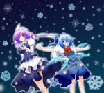  blue_eyes blue_hair bow breasts cirno dress hair_bow hat letty_whiterock multiple_girls outstretched_arms purple_eyes purple_hair scarf shin_osada short_hair snow snowflakes snowing spread_arms touhou violet_eyes wings 