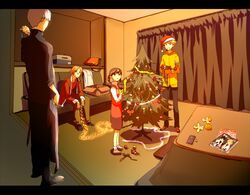  blonde_hair brown_hair christmas christmas_tree doujima_nanako grey_hair hanamura_yousuke hat koredemoka kuma_(persona_4) narukami_yuu persona persona_4 santa_hat seta_souji short_hair twintails 