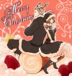  axis_powers_hetalia back-to-back back_to_back belgium_(hetalia) black black_dress black_santa_costume blonde_hair boots bow breasts brother_and_sister cake christmas dress food fruit green_eyes hat large_breasts microcosmos netherlands_(hetalia) pastry santa_costume santa_hat siblings sitting star strawberry 