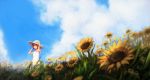  cloud clouds ekao flower flower_field hagiwara_yukiho hand_on_hat hat idolmaster short_hair sky smile straw_hat sunflower 