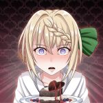  1girl bangs blonde_hair braid braided_bangs chocolate commentary_request eyebrows_visible_through_hair food highres kantai_collection looking_at_viewer open_mouth perth_(kancolle) plate short_hair solo sweets tk8d32 upper_body violet_eyes 