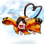  blazblue blush cat cat_ears cat_hood closed_eyes eyepatch eyes_closed fang heart heart_tail hood jubei_(blazblue) jumping multiple_tails paws solo tail 