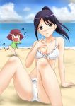  bikini black_eyes black_hair catchphrase chibi dancing fuuma_nagi highres jinrui_wa_suitai_shimashita kanbara_satomi parody ponytail saki swimsuit tsuyama_mutsuki 