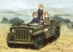  3girls artist_name blonde_hair blue_eyes brown_eyes brown_hair cecilia_e_harris charlotte_e_yeager dated highres jeep kanokoga long_hair marian_e_carl military military_uniform military_vehicle motor_vehicle multiple_girls necktie radio_antenna strike_witches uniform vehicle 