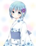  blue_hair blush flower hair_flower hair_ornament japanese_clothes kimono looking_at_viewer mahou_shoujo_madoka_magica miki_sayaka ri_04xx short_hair smile solo 