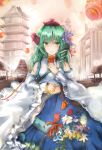 absurdres adapted_costume blush detached_sleeves east_asian_architecture flower ggael green_eyes green_hair hair_ornament hair_tubes highres kochiya_sanae lantern long_hair skirt snake_hair_ornament solo standing touhou wide_sleeves