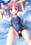  :d blush hair_cubes hair_ornament highres holding looking_at_viewer one-piece_swimsuit open_mouth original red_hair redhead school_swimsuit shiny sitting smile solo swimsuit swimsuit takoyaki takoyaki_(roast) water water_gun wet yellow_eyes 