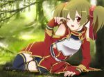  b-cat black_legwear blonde_hair blush fingerless_gloves forest gloves long_sleeves nature on_side open_mouth orange_eyes short_hair short_twintails silica solo sword_art_online tears thigh-highs thighhighs tree twintails wink 