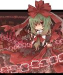  adapted_costume alternate_eye_color belt bow chain chains dress fingerless_gloves frills front_ponytail gloves green_hair hair_bow hair_ornament hair_ribbon kagiyama_hina long_hair looking_at_viewer lowres metazou red_dress red_eyes ribbon skirt_hold smile solo thumbs_down touhou wink 