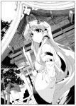  bare_shoulders detached_sleeves frog_hair_ornament hair_ornament hair_tubes highres kochiya_sanae lantern long_hair monochrome nichi_doriimu shrine smile snake solo touhou very_long_hair 