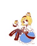  alice_margatroid blonde_hair bow capelet closed_eyes cross-laced_footwear doll eyes_closed hair_bow hairband horo_(hiyorimiism) lance long_hair open_mouth pantyhose polearm shanghai_doll short_hair short_sleeves sleeping solo touhou weapon white_background 