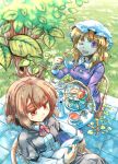  ;d blonde_hair blush book brown_eyes brown_hair capelet chair cup grass highres holding kettle looking_at_viewer maribel_hearn multiple_girls no_hat no_headwear okome_(kome_kuma) open_book open_mouth plate purple_eyes short_hair sitting smile spoon table teacup touhou tree usami_renko violet_eyes wink 