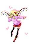  alternate_costume black_legwear blonde_hair blush cross-laced_footwear crystal flandre_scarlet long_sleeves naodx open_mouth red_eyes side_ponytail slit_pupils solo thigh-highs thighhighs touhou wings 