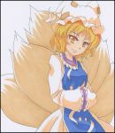  1girl blonde_hair fox_tail hands_in_sleeves looking_at_viewer multiple_tails s-syogo short_hair simple_background smile solo tail touhou yakumo_ran yellow_eyes 