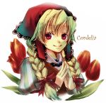  1girl blonde_hair braid bust character_name cordelia_(saga_frontier_2) flower hair_ribbon hands_together head_scarf jewelry lace necklace pearl pink_eyes puffy_sleeves ribbon saga saga_frontier saga_frontier_2 smile tulip twin_braids 