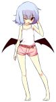  ;d blue_hair casual collarbone contemporary holding low_wings open_mouth red_eyes remilia_scarlet shamo_(koumakantv) short_hair shorts simple_background skirt smile solo touhou white_background wings wink 