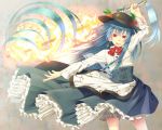 1girl :q arm_up bad_id blue_hair earrings food fruit hat hinanawi_tenshi holding jewelry long_hair long_skirt ogino_(oginogino) outstretched_arm peach red_eyes skirt solo sword_of_hisou tongue touhou wind