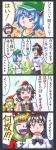  /\/\/\ 3girls 4koma :d ^_^ blue_eyes blue_hair blush_stickers book bow brown_hair calligraphy_brush closed_eyes comic eyes_closed front_ponytail green_hair hair_bobbles hair_bow hair_ornament hair_ribbon happy hat highres jewelry kagiyama_hina kawachi_koorogi kawashiro_nitori kawauchi_kirigirisu key long_hair marker_(medium) multiple_girls necklace open_mouth paintbrush pen red_eyes ribbon shameimaru_aya short_hair smile sweatdrop tokin_hat touhou traditional_media translated translation_request twintails 