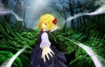  blonde_hair cervus forest hair_ribbon long_sleeves nature outstretched_arms red_eyes ribbon rumia short_hair smile solo touhou 