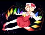  ascot ayatan-kiri blonde_hair blush bow crystal flandre_scarlet hat hat_bow highres open_mouth outstretched_arms puffy_sleeves short_hair short_sleeves side_ponytail solo touhou wings yellow_eyes 