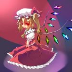  ascot blonde_hair blood bow crystal fang flandre_scarlet hat hat_bow highres puffy_sleeves red_eyes short_hair short_sleeves side_ponytail sitting solo tongue touhou unomi wings 