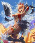  arm_up armpits black_legwear blue_eyes blush boots breasts cleavage cloud clouds elbow_gloves fan feathers fishnets gloves hat knife mismi orange_hair sengoku_taisen sky smile solo thighhighs throwing_knife 