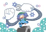  &gt;_&lt; 1girl backpack bag blue_hair chibi gears hair_bobbles hair_ornament hat kawashiro_nitori raado_(punipara) robotic_arms solo touhou twintails wrench 