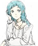  1girl adult alternate_hairstyle aqua_eyes aqua_hair bust jewelry long_hair looking_at_viewer necklace persona persona_3 persona_4:_the_ultimate_in_mayonaka_arena rough simple_background smile solo sutei_(giru) white_background yamagishi_fuuka 