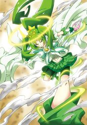  bike_shorts bow cure_march dress foreshortening green green_dress green_eyes green_hair halo long_hair magical_girl midorikawa_nao o5o3 ponytail precure princess_form_(smile_precure!) ribbon serious shoes shorts_under_skirt skirt smile_precure! solo tiara tri_tails wand 