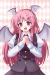  1girl bat_wings blush breasts hands_clasped head_wings koakuma long_hair long_sleeves open_mouth red_eyes red_hair redhead skirt smile solo touhou uzura_purin vest wings 