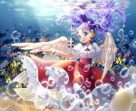  :d blue_eyes bubble clownfish dress fish long_hair microphone musical_note open_mouth original purple_hair sheet_music short_hair smile solo sougishi_ego treble_clef twintails underwater white_wings wings 