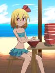  beach blonde_hair bow bowl cato_(monocatienus) chair chopsticks cloud clouds collarbone food food_on_face hair_bow highres midriff naruto_(food) navel onion ramen red_eyes rumia short_hair skirt sky smile solo swimsuit table touhou water 