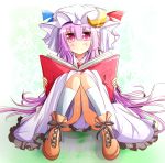  book boots crescent cross-laced_footwear ehimedaisuki hat highres long_hair patchouli_knowledge pink_eyes purple_hair sitting smile solo touhou 