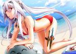  beach blush book breasts cleavage collarbone dagger dog_tags hair_ornament long_hair original raid_zero red_eyes sky solo swimsuit twintails very_long_hair weapon 