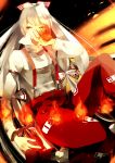  bad_id boots covering_mouth fire flame fujiwara_no_mokou long_hair long_sleeves looking_away pants popped_collar red_eyes red_shoes shoes silver_hair solo soul126 suspenders touhou 
