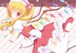  alternate_hairstyle blonde_hair blush crystal flandre_scarlet niki_(pixiv) puffy_sleeves red_eyes short_hair short_sleeves solo star thigh-highs thighhighs touhou twintails white_legwear wings wink 