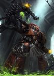 aliens_vs_predator blood blood_angels book claws crossover genestealer gloves helmet highres lighting_claws mask monster okita power_armor science_fiction skull space_hulk space_marines terminator_armor tyranid warhammer_40k weapon